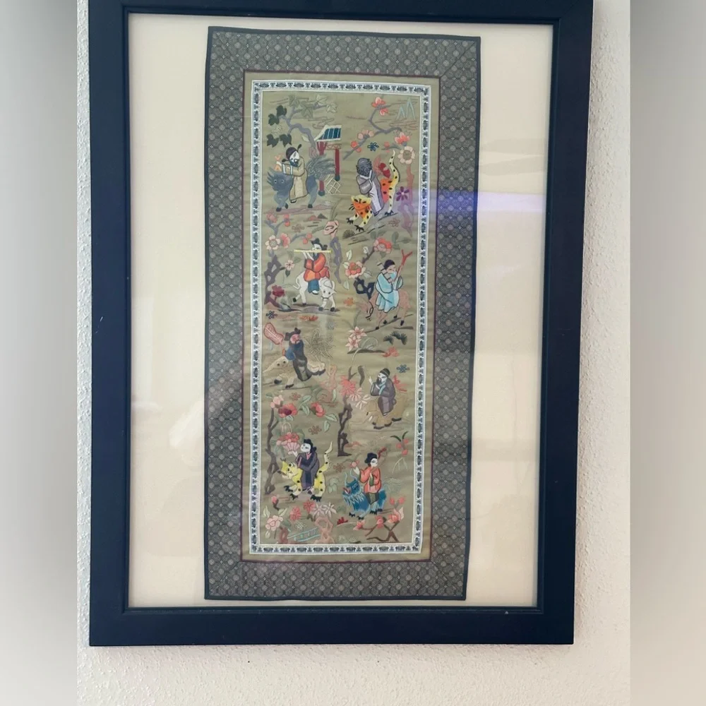 Chinese hand embroidered silk Art Piece Framed. The Actual Piece 27 X 13”